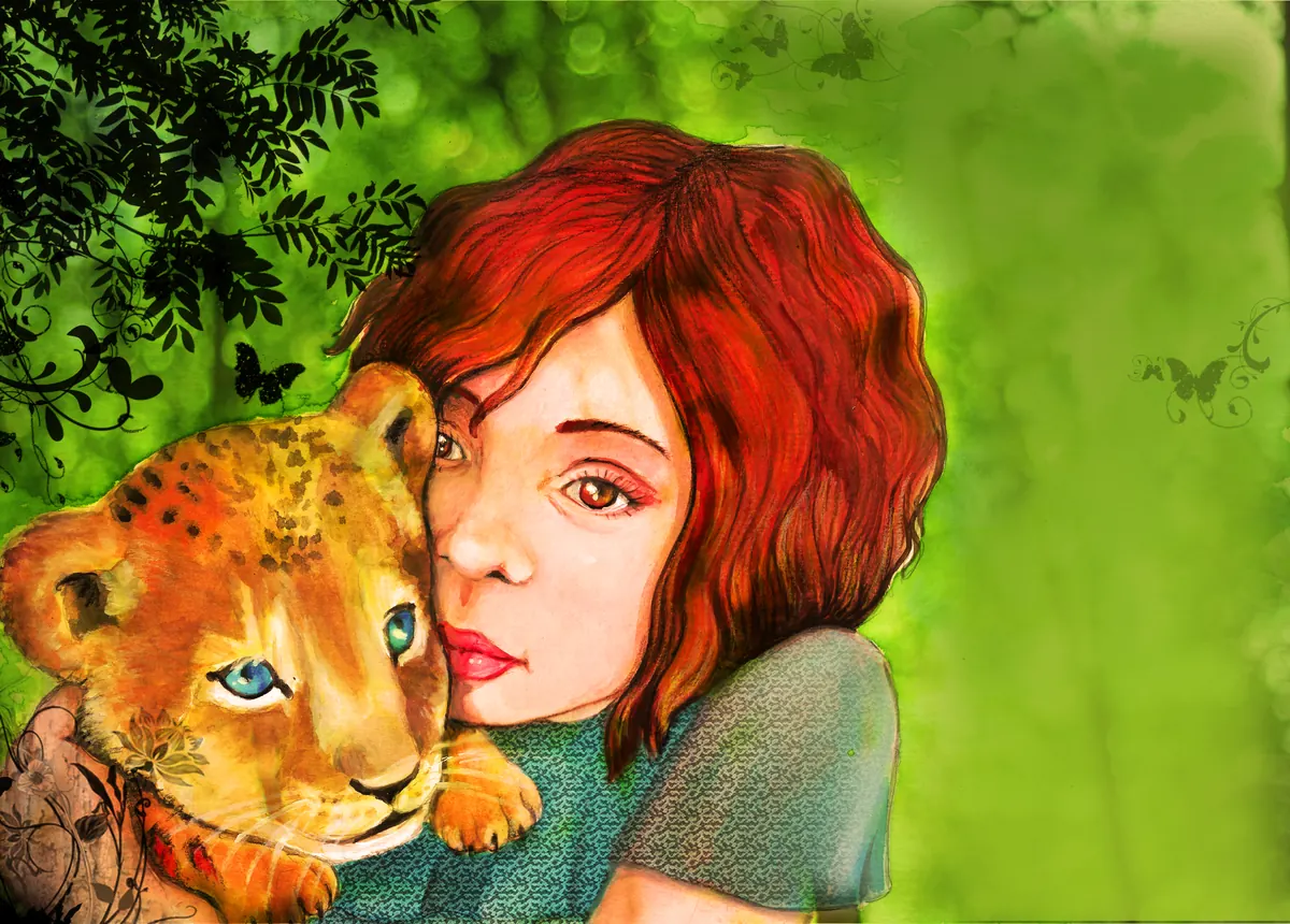 Protagonista abrazando a un león